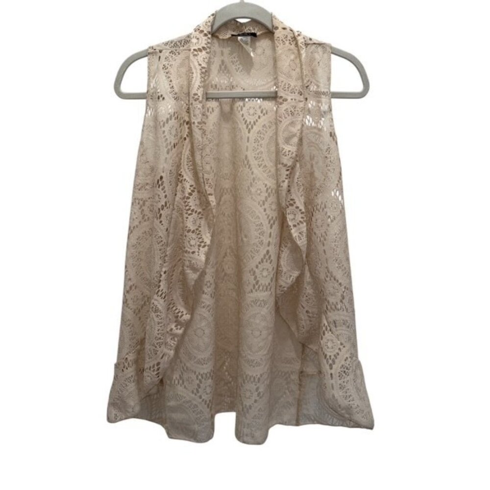 Deb Vtg Y2K Vest XL Beige Sleeveless Open Front Lace Flowy Sheer Boho Cover up
